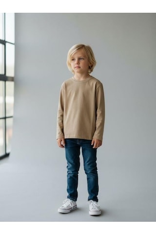 Zekids Erkek Çocuk Pamuklu Bisiklet Yaka Uzun Kollu Basic T-shirt-16775 Bej