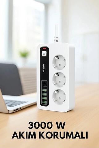 Vtn-p10 3x Priz 3000w Akım Korumalı 4x Usb 2x Type-c Girişli Çoklu Priz 2 M