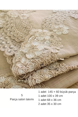 Firuze Model Kapiçino 5 Parça Keten Dantelli Runner Seti Şık Çeyizlik Salon Takımı Çok Renkli
