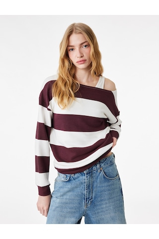 Koton Rahat Kalıp Modal Karışımlı Omzu Açık Kayık Yaka Sweatshirt Bordo Çizgili 6sal10418ık Bordo Çizgili