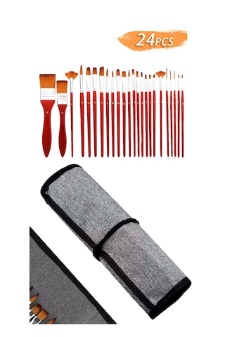 Kırmızı 24 Parçalı Profesyonel Sanat Fırça Seti Yağlıboya Akrilik