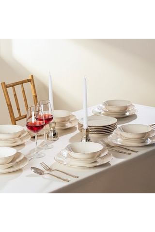 Porsima 4431 Tiffany Platin Yaldızlı Yemek Takımı 24 Parça 6 Kişilik Yemek Seti Beyaz
