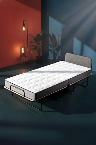 Niron Bonbon Katlanır Yatak 90x200 Cm Metal Karyola, Kapitoneli Metal Başlık, 14 Cm Sünger Yatak