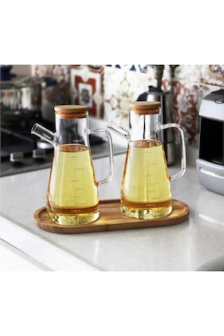 2x900 Ml Standlı Cam Yağlık Seti Sütlük Sosluk Vakumlu Bambu Kapaklı Borosilikat