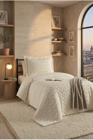 Tek Kişilik Yatak Örtüsü 180 X 260 Cm Valonlu Model 1 Adet 50 X 70 Yastık Kılıfı Ekru-ekru