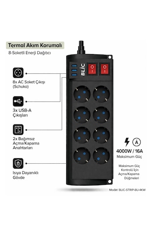 Termal Akım Korumalı Çoklu Priz Blic Ftr-08 4000w 8ac-3x Usb Işıklı Power 0.2 M