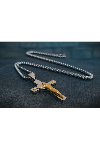 Gerçek Altın Ve Gümüş Görünümlü Parlak Çelik İsa Figürlü Erkek Haç Kolye Altın - Gümüş