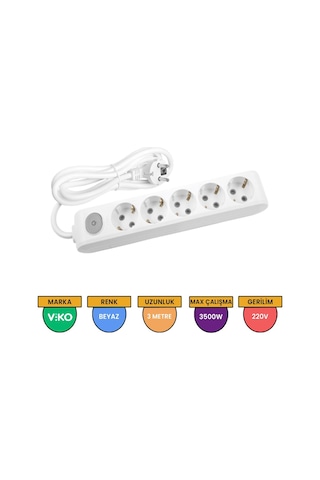 Viko Multi-let 5'li Anahtarlı Topraklı Çocuk Korumalı Grup Priz 3 Metre Beyaz - 90117503
