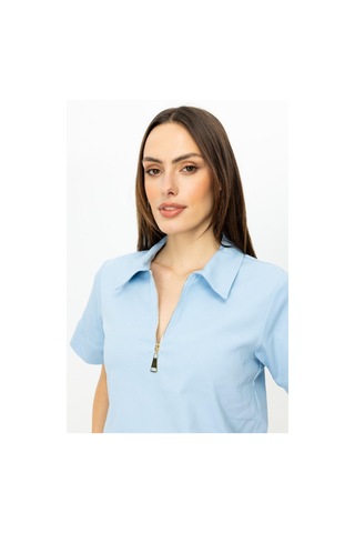 On Fashion Önü Fermuarlı Kısa Kol Polo Yaka Bluz Mavi