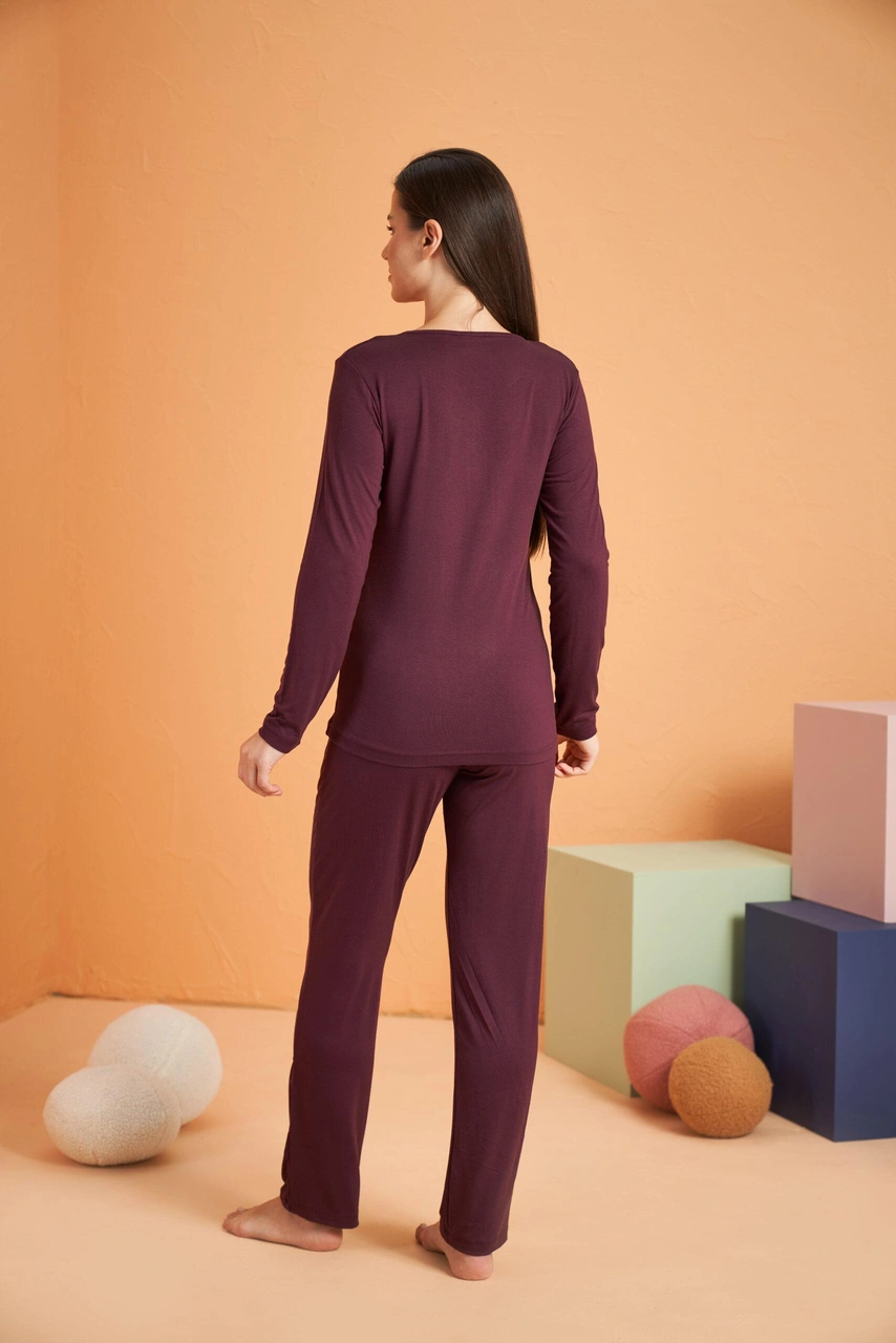 Pjs Kadın Viskon 4 Mevsim Kumaş Düğmeli Uzun Kollu Pijama Takım bordo