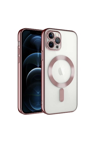 Apple Uyumlu iPhone 11 Pro Max Mag Safe Özellikli Lens Korumalı Logo Gösteren Silikon Kılıf - Rose Gold