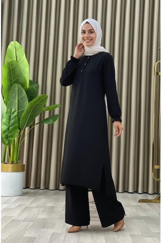 Tesettür İkili Takım Uzun Tunik Bol Paça Pantolon 4006-siyah Siyah