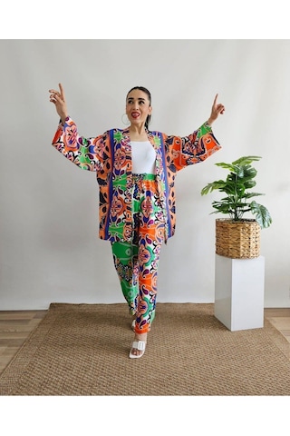 İpli Turuncu Renk Etnik Desenli Viskon Kumaş Kimono Takım Turuncu