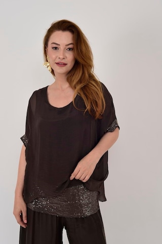 İtalyan Yarasa Kollu Payetli İpek Bluz-9248 Kahverengi