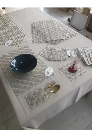 Bezos Sofra Takımı Orion Gardenya Keten Yemek Takımı 160x260 Masa Seti 26 Parça Runner Set Platin Bezos1