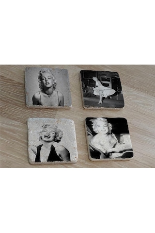 Siyah Beyaz Marilyn Monroe Fotoğrafları Doğal Taş Bardak Altlığı 4'lü Set - Natural Stone Coasters-174207 Beyaz - Siyah