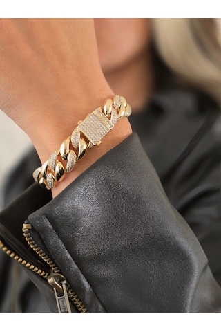 Eva Takı Store Küba Zinciri 14k Vip Seri Cuban Lınk Hip Hop Rhinestone Çelik Bileklik Altın