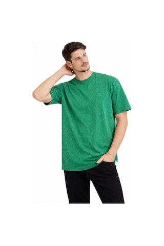 Vexor Erkek Asit Yıkama Bisiklet Yaka Kısa Kollu Oversize T-shirt Tişört - Yeşil
