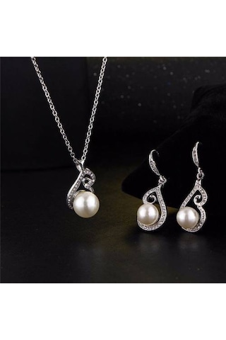 Pırlanta İşlemeli İnci Takı Seti Kolye Küpe, Sevgililer Günü