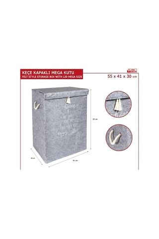 Keçe Kapaklı Kirli Çamaşır Sepeti - Çok Amaçlı Saklama Kutusu Mega Hurç Gri 55 X 41 X 30 Cm Gri