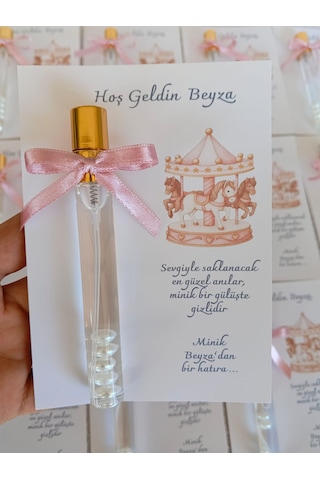 Perivar Kişiye Özel - Pembe Atlıkarınca Baskılı Kart - Hoş Geldin Bebek Ve Bebek Mevlidi Misafir Hediyeliği
