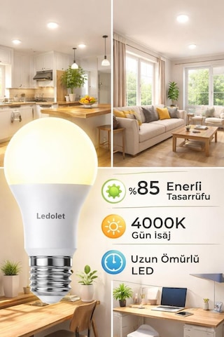 Ledolet 9w 60w Led Ampul E27 4000k Gün Işığı Yüksek Enerji Tasarruflu Lamba
