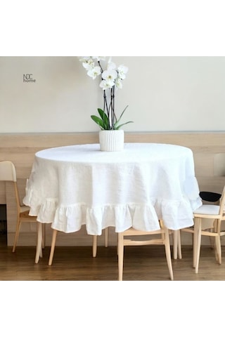 Dnc Home Tekstil  Premium Beyaz Keten Fırfırlı Yuvarlak Masa Örtüsü 001