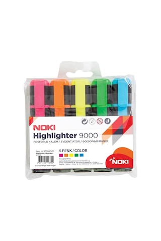 Noki 9000 Fosforlu Kalem 5 Renk Set Çok Renkli