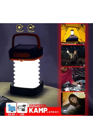 Solar Akordeon Kırmızı Kamp Lambası 360 Led Beyaz Işık Dahili Batarya Güneş Paneli + Usb Şarj El Feneri Seyah