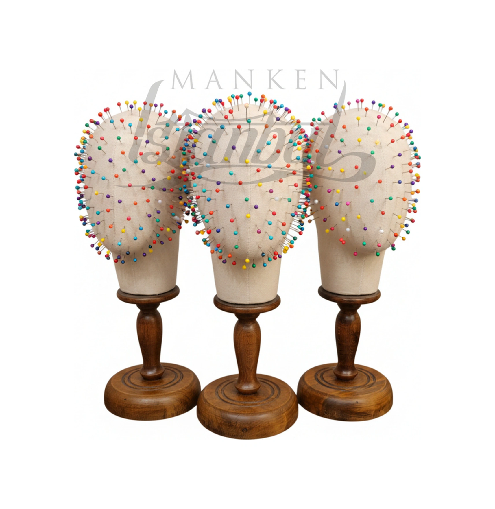 Dik Ve Yatay Iğne Batabilen Kumaş Kaplı Ahşap Standlı Kafa Mankeni Peruk Aksesuar Mankeni 1674