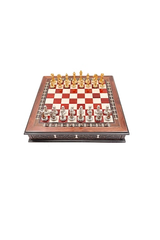 Özel - 328 - Tasarım El İşi Yuvarlak Satranç Tahtası Ve Metal Satranç Taşları Mcyv36 - - Muratech - Altın-gümüş, Kırmızı
