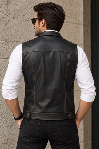 Derije Arthur Hakiki Deri Erkek Siyah Biker Motorcu Tarzı Yelek
