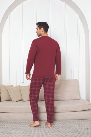 Sude Homewear Erkek Ekoseli Uzun Kollu Pijama Takımı Bordo - Siyah