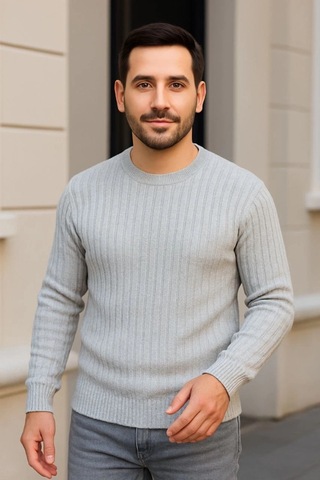 Efnaz Style Erkek Bisiklet Yuvarlak Yaka Triko Kazak Pamuklu Kalın Fitilli Dokuma, Regular Fit Uzun Kollu Kışlık Model - Gri
