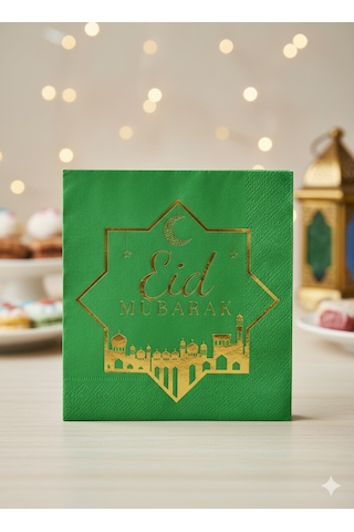 Eid Mubarak 20li Yeşil Altın Varaklı Desenli Peçete