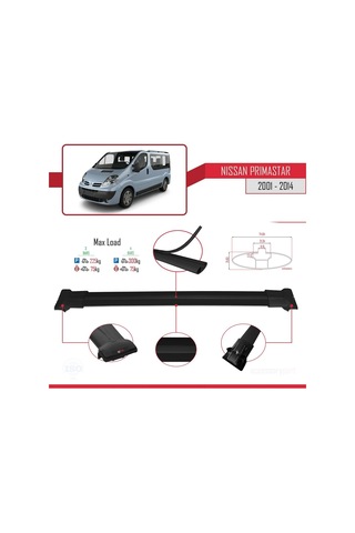 Nissan Primastar 2001-2014 Arası İle Uyumlu Fly Model Ara Atkı Tavan Barı Siyah 4 Adet Bar