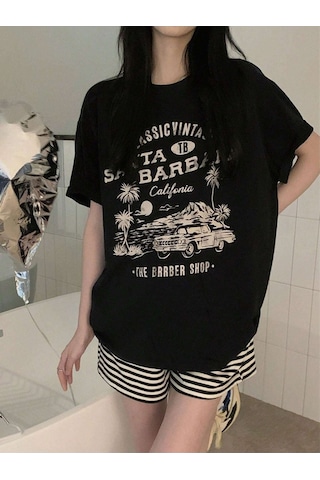 Santa Barbara T-shirt - Siyah Baskılı Oversize Bisiklet Yaka Kısa Kol SIYAH