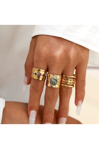 Girift Vintage Yule 3 Adet Gold Taşlı Güneş Detaylı Yüzük Seti Altın