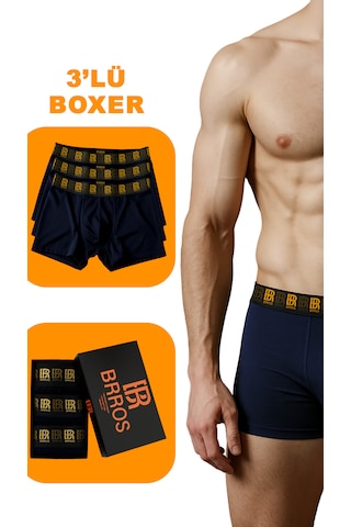 Maksfd Erkek 3 Lü Pamuklu Boxer Set Rahat Ve Esnek İç Giyim Erkek Boxer - Brros Modeli Lacivert
