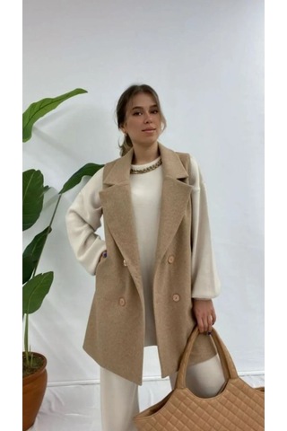 Alemdarshop Zarif Camel Bej Kruvaze Yelek Soft Tonlarda Premium Stil - Camel