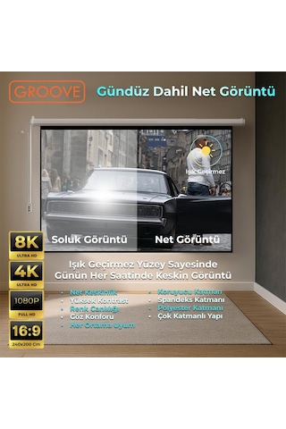 Groove Vizio Pro 240x200cm Blackout Işık Geçirmez Elektrikli Otomatik Kumandalı Projeksiyon Perdesi +motorlu+canlı Renkler+göz Koruması+leke Tutmaz Projector