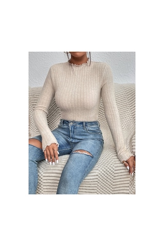 Moda Kadın Dik Yaka Uzun Kollu Esnek Yumuşak Dokulu Body Bej Bej