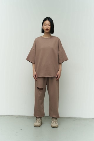 Mai Collection Mai Studios Co. Lion Yırtıklı Boz Oversize T-shirt Eşofman Takım Kahverengi