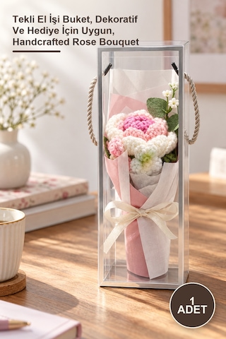 1 Adet El Örgüsü Gül Buketi Tekli El İşi Buket, Dekoratif Ve Hediye İçin Uygun, Handcrafted Rose Bouquet