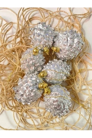 Yılbaşı Ağaç Süsü Kozalak Gümüş Rengi 5 Cm 6 Adet Kozalak