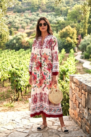 Lela Modest Desenli Regular Fit Bağlamalı V Yaka Maxi Bayan Elbise 611El510 Bordo
