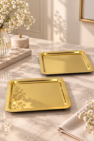 6 Lı Gold Paslanmaz Metal Kahve Sunum Servis Tepsisi Tepsi 22cm