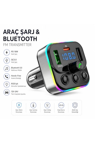 Bluetooth Araç Kiti Fm Transmitter Usb Type-c Pd Rgb Led Işıklı Flash Bellek Mp3 Çakmaklık Girişli