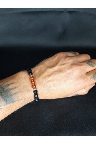 Doğal Görünümlü Siyah Cam & Amber Boncuklu El Yapımı Bileklik - Unisex Siyah - Kahverengi