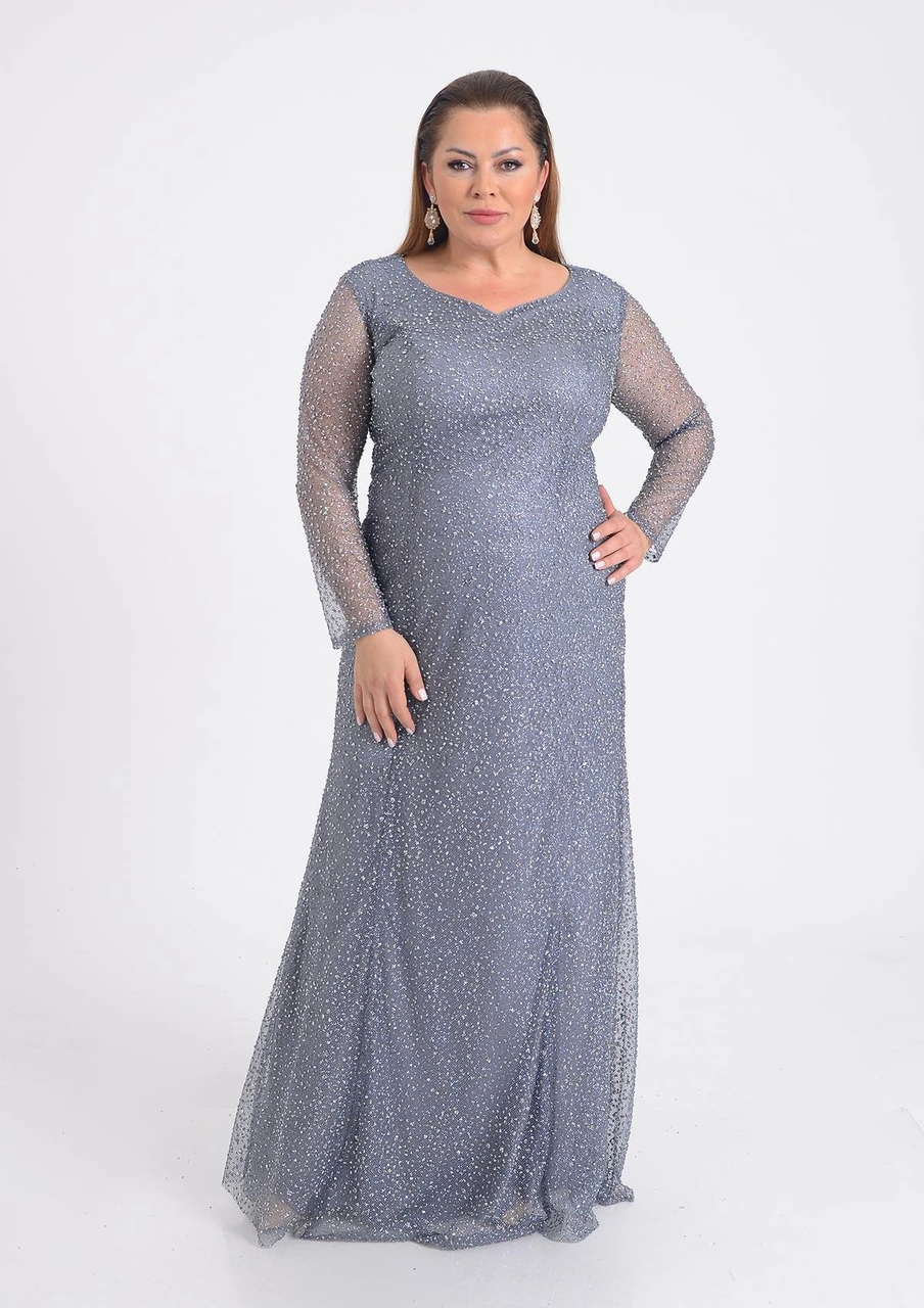 Lilas Xxl Büyük Beden Glitter Baskı Gri Renkli Uzun Kollu Uzun Abiye Elbise Gri